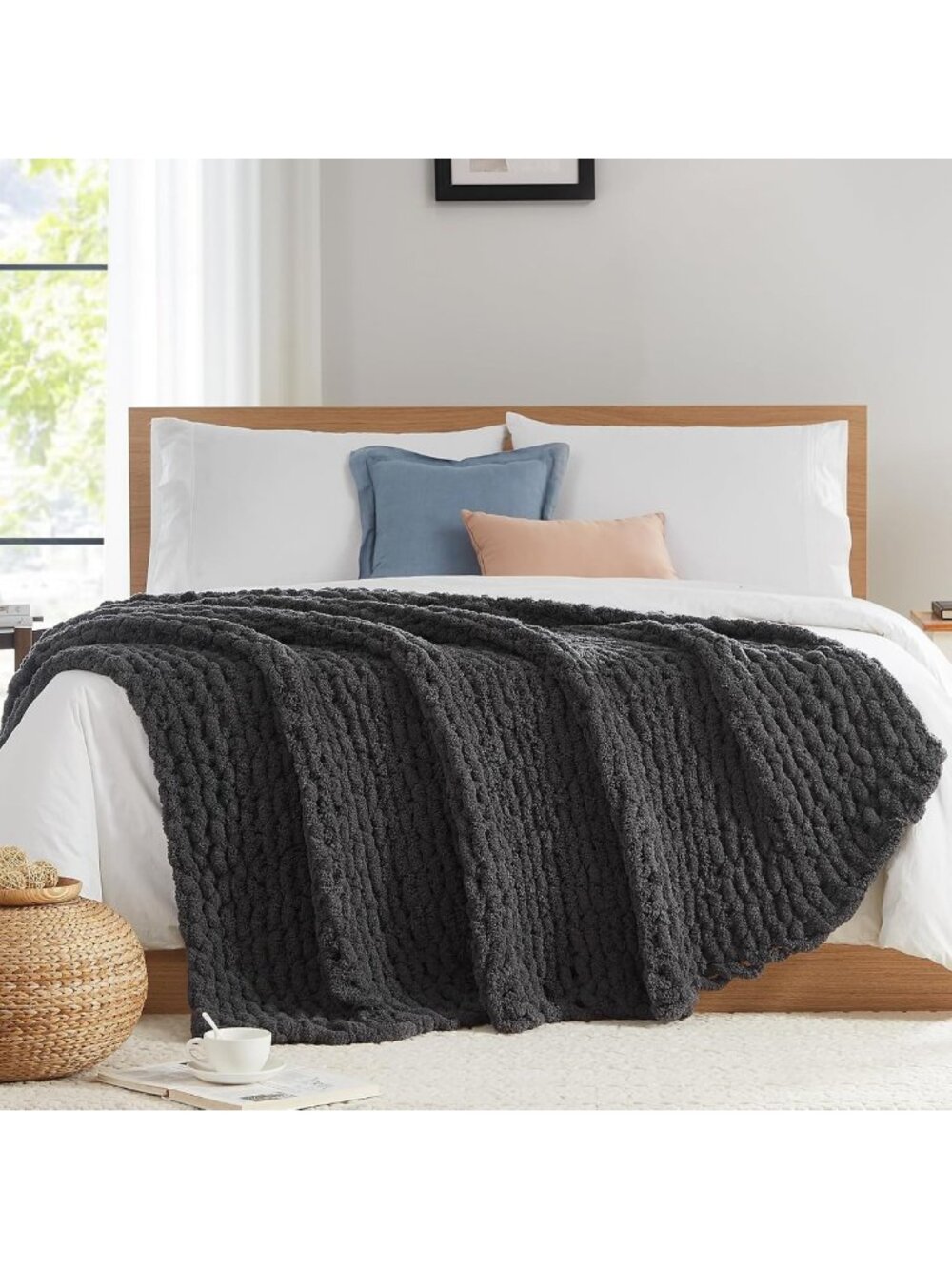 Cozy Chunky Knit Throw Blanket for Couch, 80x90 Inches, Soft Dark Grey Color